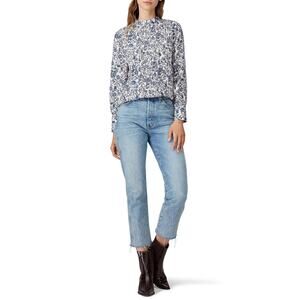 Apiece Apart Sez Pintuck Floral Print Long Sleeve Silk High Neck Blouse Size 12